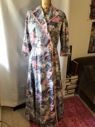 50s Vintage Watercolor Grey & Pink Print Full Length Robe/dressing/lounging Gown