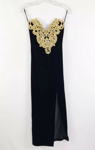 Jessica Mcclintock Gunne Sax 3/4 Black Velvet Strapless Dress Gold Embroidery