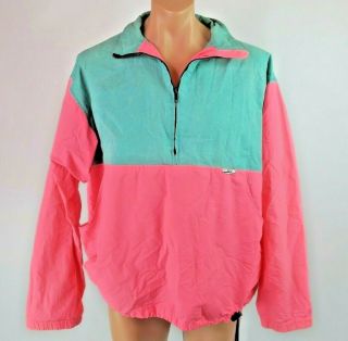 Vtg 90s Suneast Pink,  Aqua Surf Style Windbreaker Cotton Anorak Grunge Jacket L