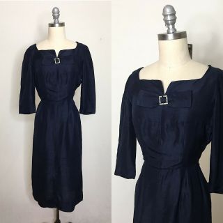 Vintage 50s Navy Blue Silk Wiggle Dress Size Extra Small/small