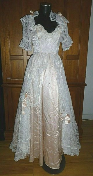 Vtg 80s Gunne Sax Powder Pink Satin Lace Victorian Wedding Prom Gown Maxi Dress