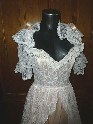 Vtg 80s GUNNE SAX Powder Pink Satin LACE Victorian Wedding Prom Gown maxi DRESS 2