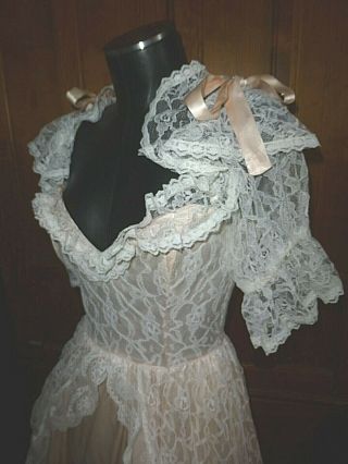 Vtg 80s GUNNE SAX Powder Pink Satin LACE Victorian Wedding Prom Gown maxi DRESS 3