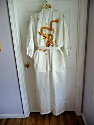 Esme Kimono L Robe Pure Silk White Wrap Embroidered Gold Dragon Unisex