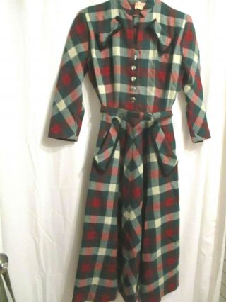 Vintage 50s 60s Green /red All Wool Plaid Preppy Dress