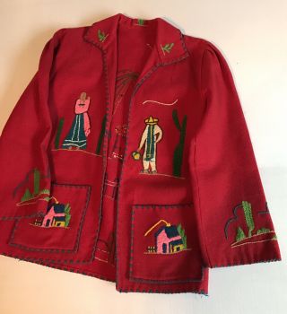 Vintage 1940’s Souvenir Mexican Red Wool Embroidered Jacket Coat
