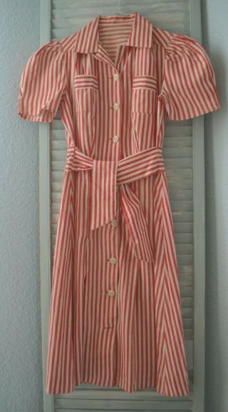 Vintage Candy Striper Dress Red And White Striped Cotton Bakelite Buttons