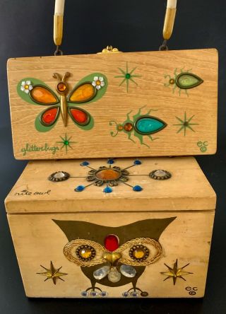 2 Enid Collins Wooden Box Bags Purse Nite Owl & Glitter Bugs Use Repair Parts
