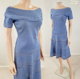 Vtg 50s Blue Wool Knit Sweater Skirt Set Pinup Dress Hand - Woven Austria S Nwt