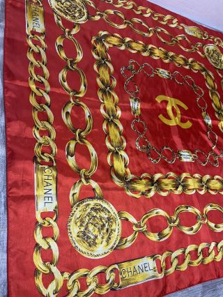 Vintage Chanel 31 Rue Cambon Paris Gold Chain Silk Red Scarf 34 X 34 Inches