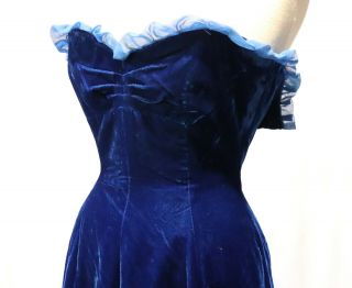Vintage Blue Velvet Dress Gown Strapless Full Skirt