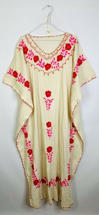 Vintage 60s 70s Hand Embroidered Stitched Floral Kaftan Maxi Beach Cover Up Dres