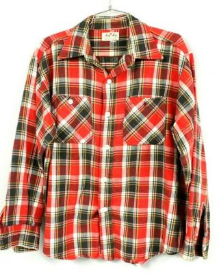 King Kole Mens Vintage Red Plaid 100 Cotton Flannel Work Shirt 1960s Sz L