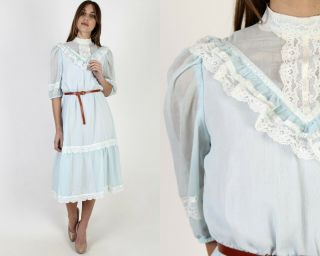 Vtg 70s Blue Country Prairie Dress Ivory Floral Lace Bridal Wedding Tiered Mini