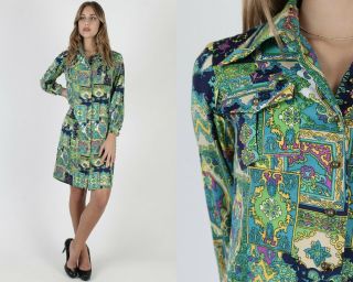 Vtg 70s Psychedelic Paisley Dress Bright Floral Button Front Shirt Scooter Mini