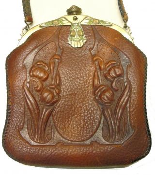 Antique Arts Crafts Nouveau Tooled Leather Jewel Turn Lock Roses Purse Hand Bag