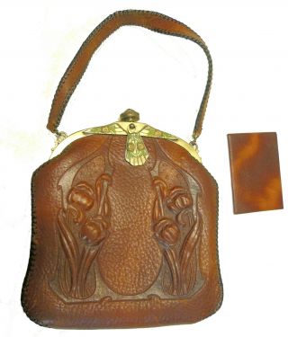 Antique Arts Crafts Nouveau Tooled Leather Jewel Turn Lock Roses Purse Hand Bag 2