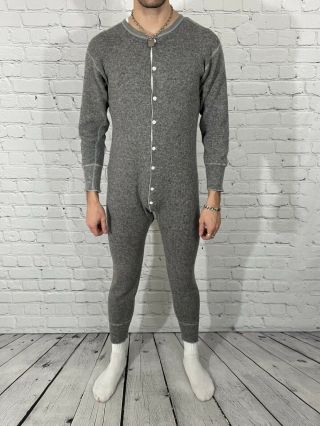 Stanfields 80s Vintage Grey Wool Blend Knit One Piece Long Johns Union Suit - 40 2