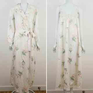 Vintage Eve Stillman Peignoir Set L/1x Belted Robe Slip Nightgown Ivory Floral