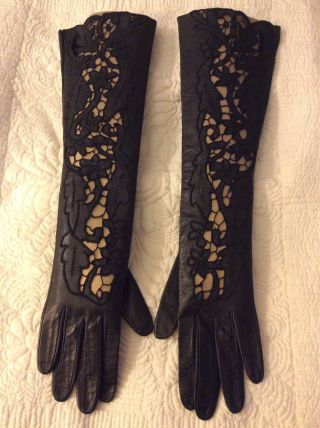 Vintage Women’s Kid Leather Long Black Dressy Gloves Cutout Embroidered,  Small