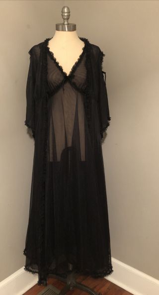 Vintage Val Mode Peignoir Set Long Nightgown Robe Black Double Chiffon Lace S/m