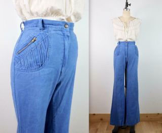 Vintage 1970s High Waist Bell Bottom Zipper Pocket Jeans Xs Small Boho Bohemian