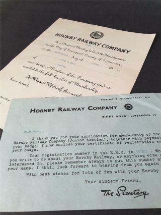 1961 Hornby Railway Club Membership Certificate,  Letter & Meccano Envelope