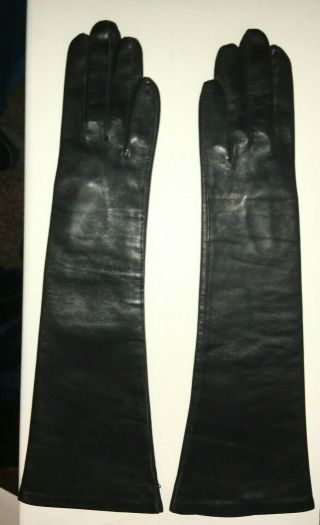 Vintage Italian Long Leather Black Opera Gloves - Size 6 14.  5 " Long