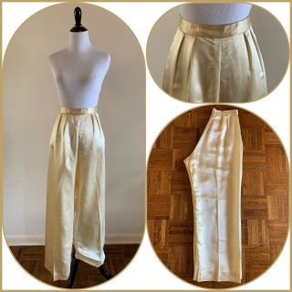 50s Ivory Liquid Satin Wide Legged Side Zip Pants Art Deco Lounge Dressy Tux Vtg