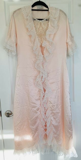 Christian Dior Vintage Blush Pink Satin & Lace Peignoir Set Gown & Robe