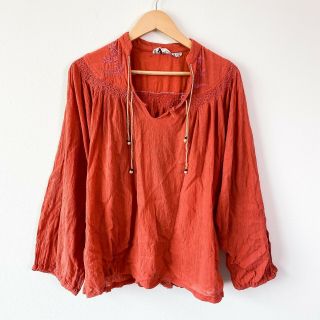 Vintage 70 80s India Cotton Gauze Sienna Brown Embroidered Boho Tunic Blouse Top