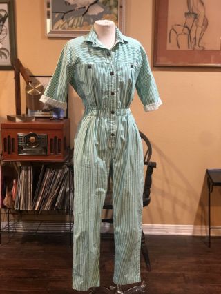 Vintage 1980’s Dreams Green And White Striped Jumpsuit