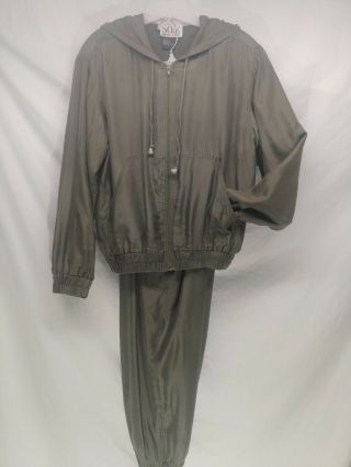 Vintage 90’s Soie Track Suit 2 Piece Set Loungewear Nwot Green Silk Womens M