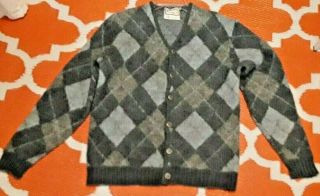 Vintage 60s Argyle Diamond Wool Alpaca Button Down Cardigan Sweater Jacket L