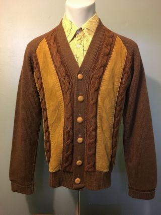 Vintage 50s 60s Brown Wool Leather Golf Sweater Mens M Rockabilly Grandpa Mod