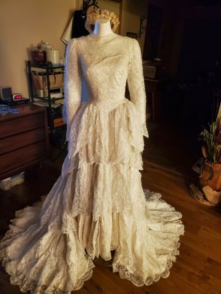Late 40s Early 50s Lace And Satin Tiered Wedding Gown