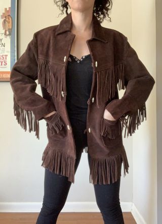 Vintage 70s Chocolate Brown Suede Leather Fringe Jacket Hippie Boho Tassels M/l