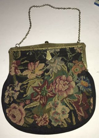 Antique Vintage Micro Petit Point Floral Evening Bag Purse Rich Detail,  7 Inches