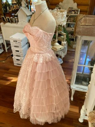 Vintage 50s Pink Lace And Tulle Cupcake Prom Dress Evening Wedding Garden Party