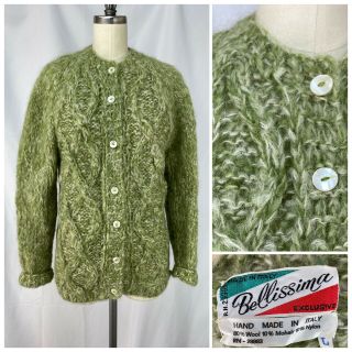 Vintage 1960s Bellissima Green Mohair Cardigan Fuzzy Hand Knit In Italy 60s Wool