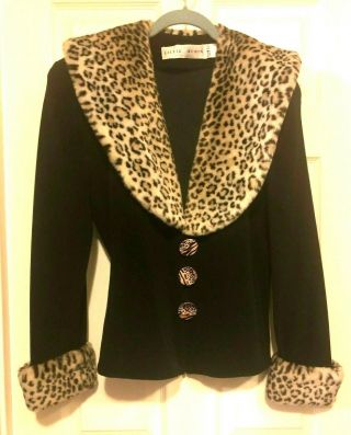 Vintage Lillie Rubin Leopard Fur Collar Black Tan Polyester Lycra Crop Jacket L