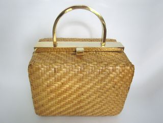 Koret Rattan Peel / Wicker Box Handbag; Blonde W/ Gold - Tone Arc Handle Vtg 1970