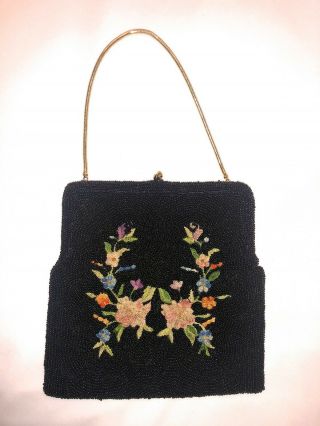 Vintage Antique Black Beaded Petit Point Needlepoint Floral Evening Bag Purse