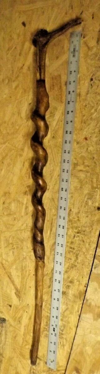 Antique Twisted Natural Burl Wood Walking Stick Cane With Antler Handle 36 "