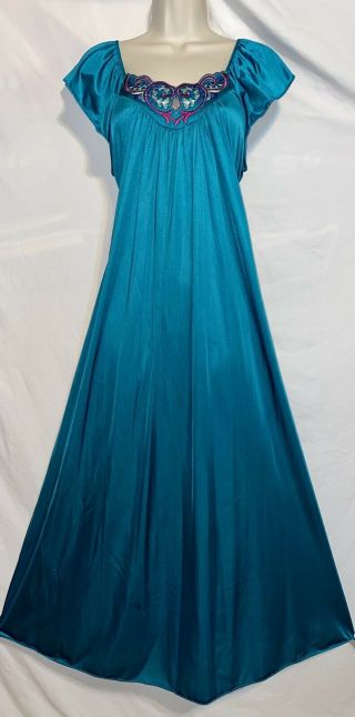 Vtg Vanity Fair L Emerald Teal Nylon Nightgown Negligee Gown Embroidered Bodice