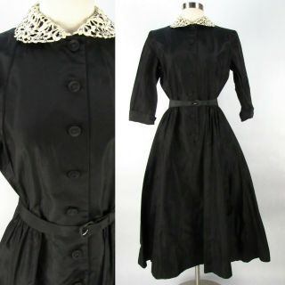 Vintage 50s Leslie Fay Black Taffeta Party Dress S Full Skirt Lace Collar As - Is