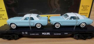 Mth Rail King Auto Transport Flat Car With (2) Ertl 1964 Ford Mustangs 30 - 7617