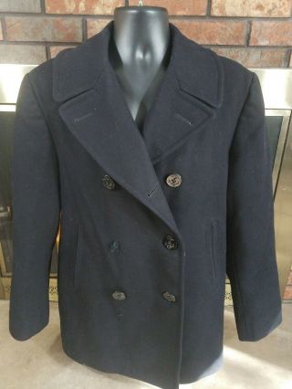 Vintage Us Navy Blue Wool Kersey Vietnam Military Pea Coat Jacket Mens Size 40