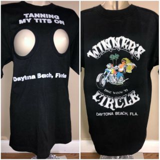 Vtg 90s Tanning My Tits Daytona Bike Week T Shirt Harley Davidson Biker Stripper