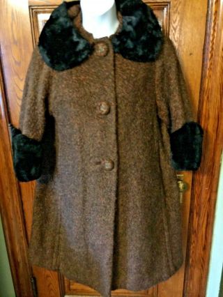 Vintage Stanley Loomed Berroco Wool Brown Swing Coat W Black Fur Collar & Cuffs